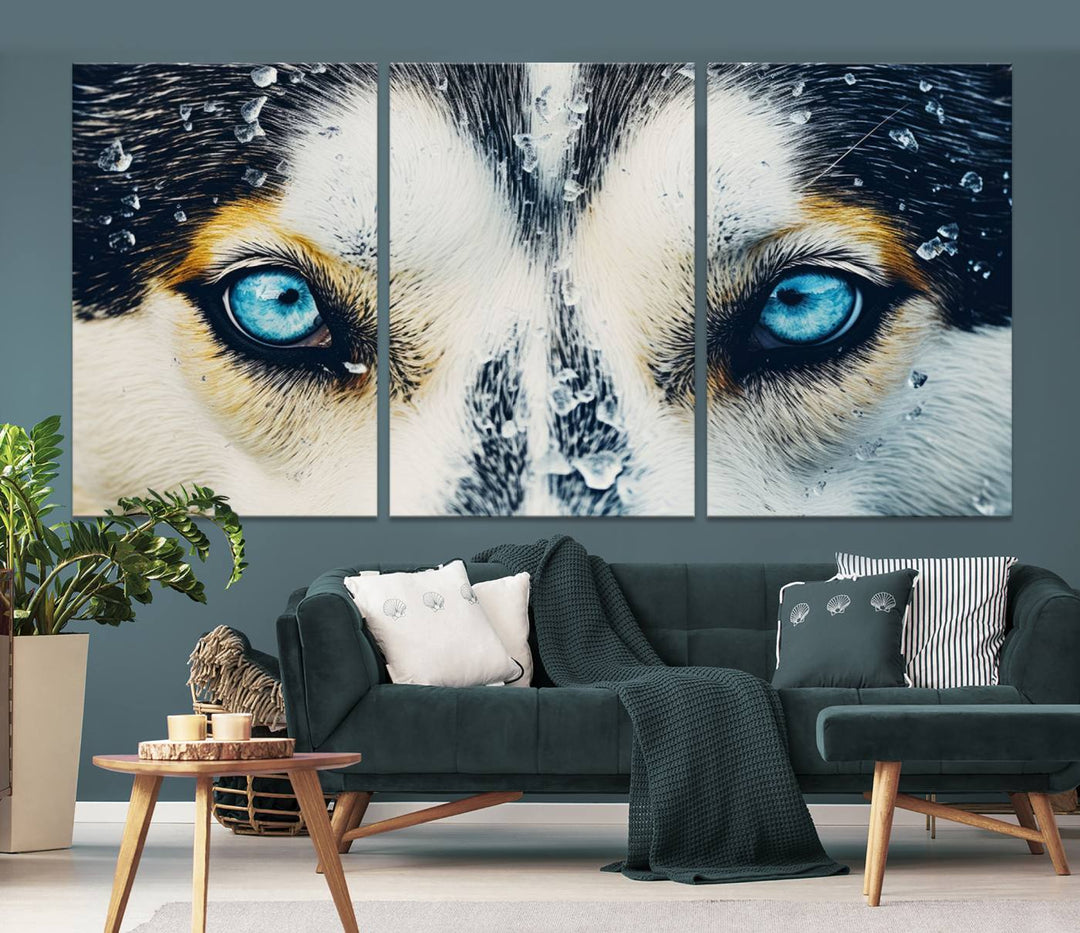 The captivating "Winter Siberian Husky Wolf EYE Wall Art Canvas Print" showcases the striking blue eyes of the animal portrait.