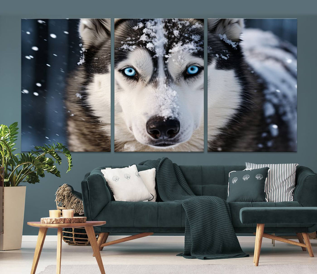 A digital art piece titled "Winter Siberian Husky Wolf Wall Art Canvas Print" showcases a blue-eyed husky blanketed in snow. Printed on high-quality canvas, it is an ideal choice for nature and dog enthusiasts.