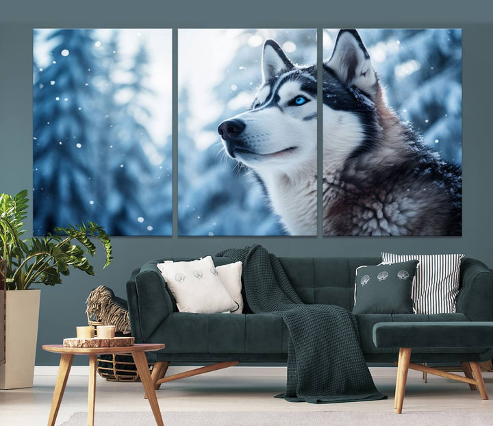 The "Winter Siberian Husky Wolf Wall Art Canvas Print" is elegantly displayed, enhancing the room's cozy ambiance in a snowy forest setting.