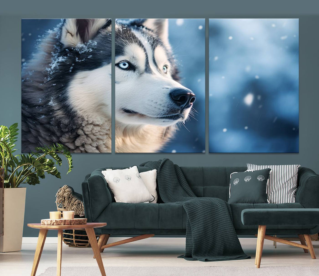 The space above the sofa features the Winter Siberian Husky Wolf Wall Art Canvas Print, creating a stunning snowy scene.