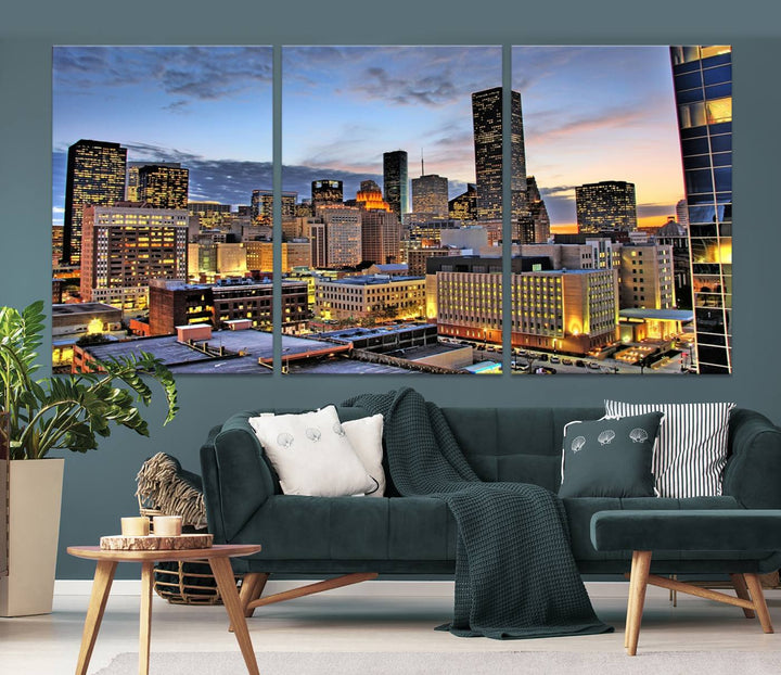 The modern living room features the Houston Wall Art Canvas Print on the wall. This professional craftsman framed masterpiece depicts a cityscape and is created with museum-quality polycotton canvas, ensuring a polished look that enhances its elegant charm.