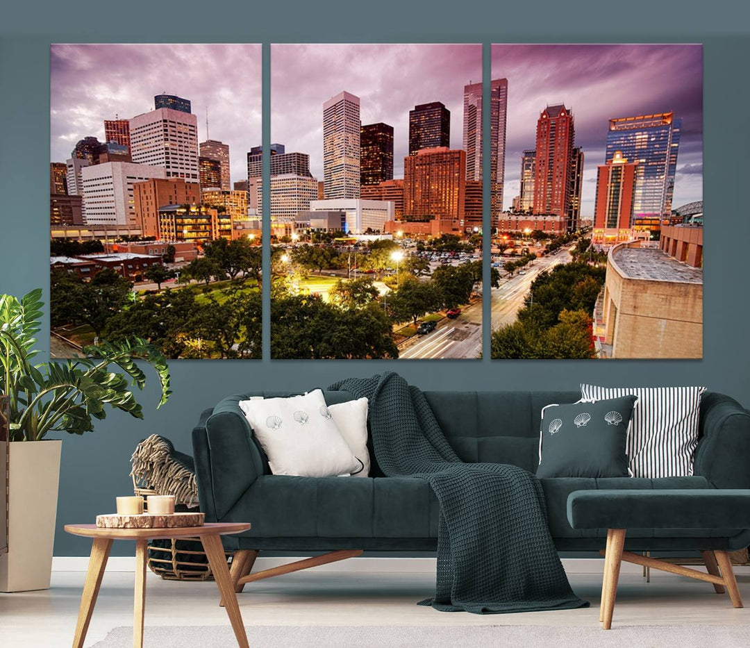 The Houston Wall Art Canvas Print in the living room displays a vibrant city skyline at twilight on museum-quality canvas with UV-protective coating.