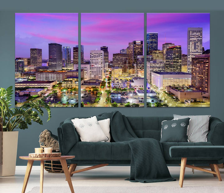 Houston Wall Art Canvas Print showcasing a vibrant cityscape at dusk on museum-quality canvas, expertly crafted by professional craftsmen.