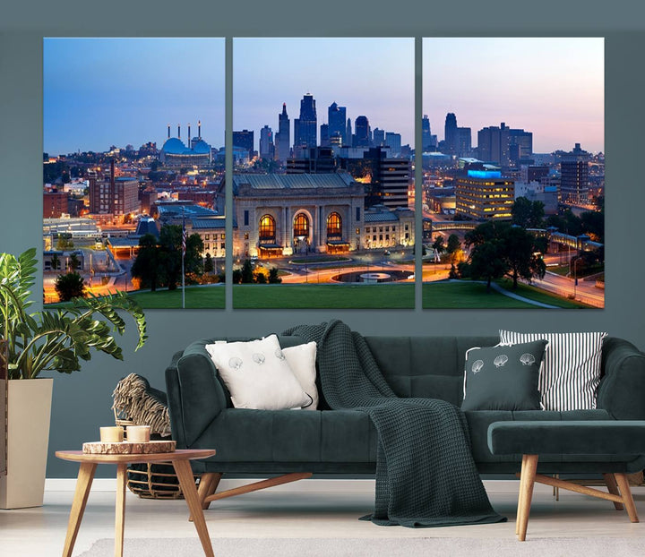 The Kansas City Skyline Canvas Wall Art Print hangs above, showcasing an iconic dusk cityscape with a historic building in the foreground, exuding urban sophistication.