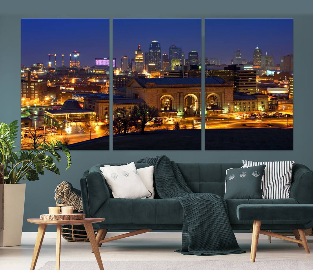 The Kansas City Night Canvas Print Wall Art creates a scene as captivating as museum-quality art, showcasing a city skyline at night with illuminated buildings.