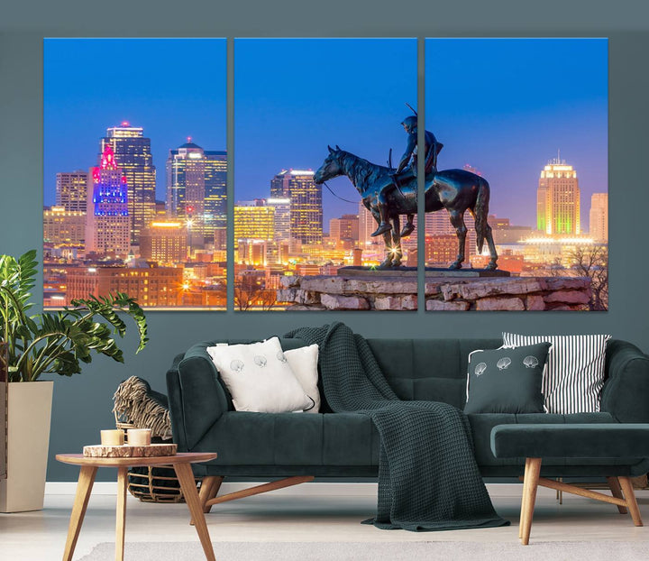 A large Kansas City Night Canvas Print Wall Art adorns the wall, gallery wrapped and finished with a UV-protective coating for lasting vibrancy.