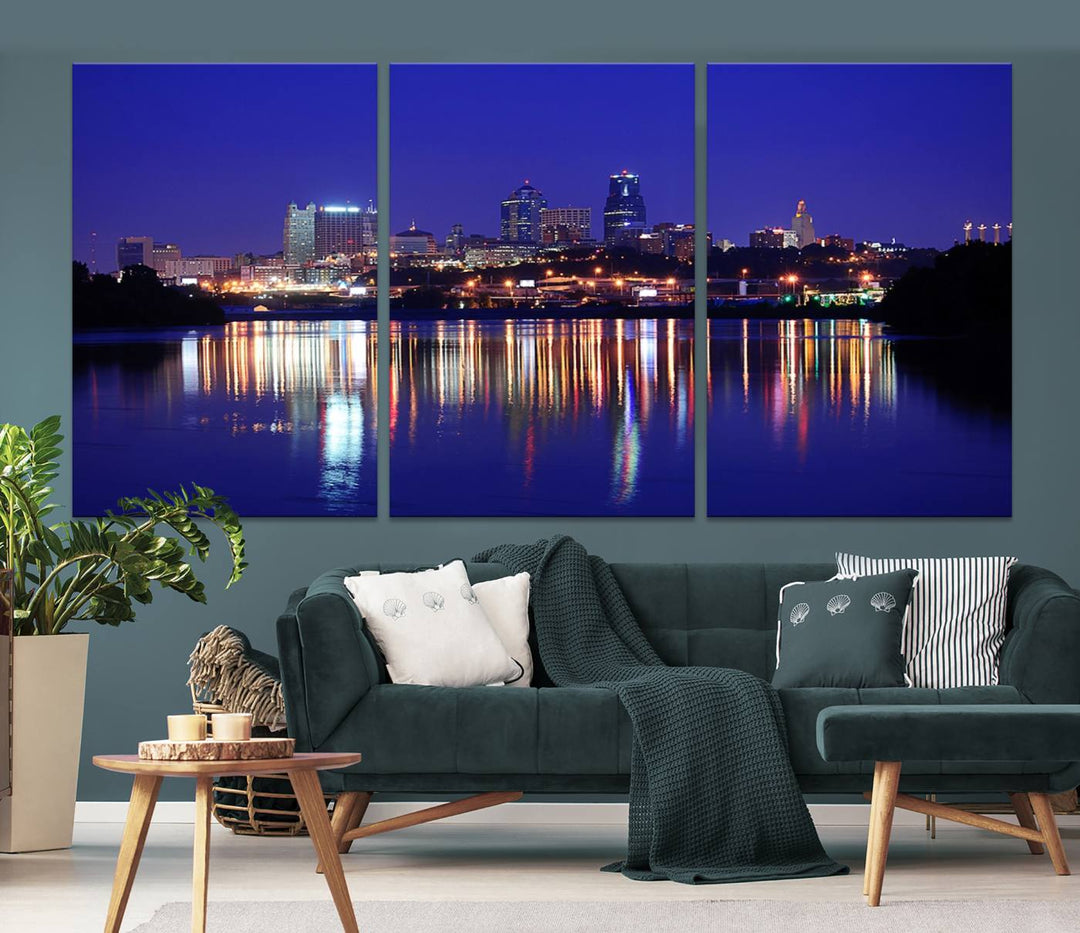 The Kansas City Night Canvas Print Wall Art captures the shimmering city skyline on the calm water, where every detail resembles a museum-quality polycotton masterpiece.