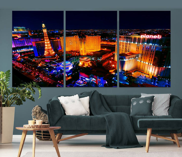 Las Vegas Wall Art Canvas Print showcases a dynamic and luminous cityscape at night with tall buildings and bustling streets. Expertly printed on museum-quality canvas, this gallery-wrapped artwork is enhanced with a UV-protective coating to ensure lasting brilliance.