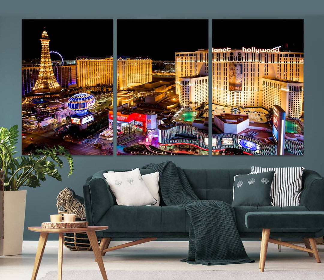 The Las Vegas Wall Art Canvas Print is a triptych set that showcases a stunning night view of Las Vegas. The illuminated buildings and the iconic faux Eiffel Tower add elegance to any space. Each piece comes with a UV-protective coating and is ready to hang, ensuring both style and durability.