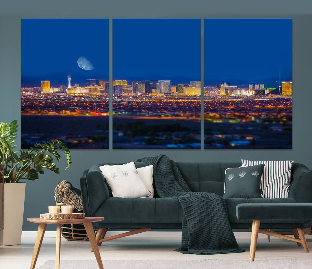 The Las Vegas Wall Art Canvas Print, depicting a city skyline at night, enhances a modern living room with its museum-quality canvas. This triptych comes ready to hang and boasts a UV-protective coating for lasting brilliance.