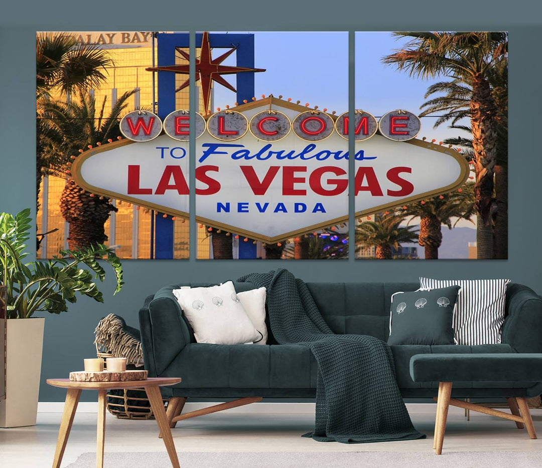 A Las Vegas Wall Art Canvas Print hangs on the wall, showcasing the iconic Welcome to Fabulous Las Vegas, Nevada sign. The museum-quality canvas guarantees vibrant colors with its UV-protective coating and is available with free shipping for added convenience.