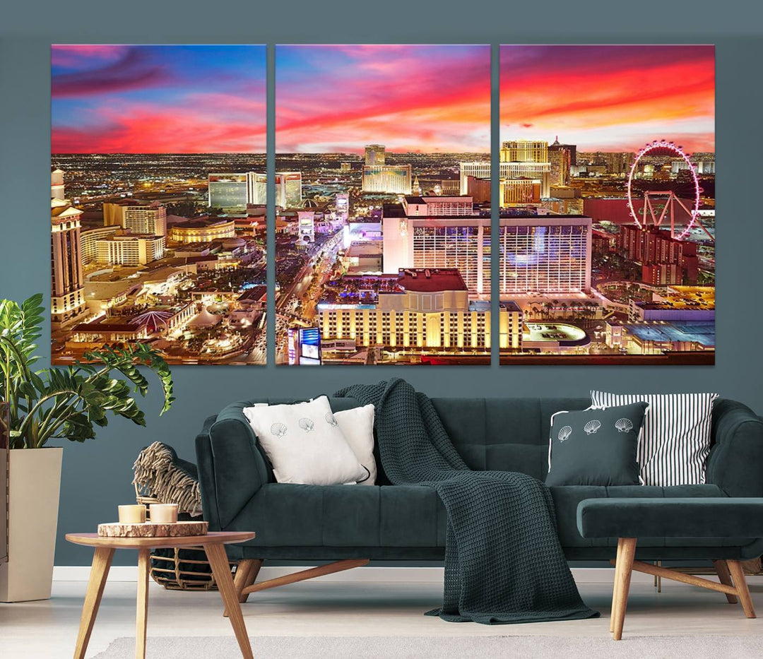 Las Vegas Wall Art Canvas Print depicting a vibrant cityscape at dusk on museum-quality canvas with a UV-protective coating, showcasing a skyline with colorful clouds.