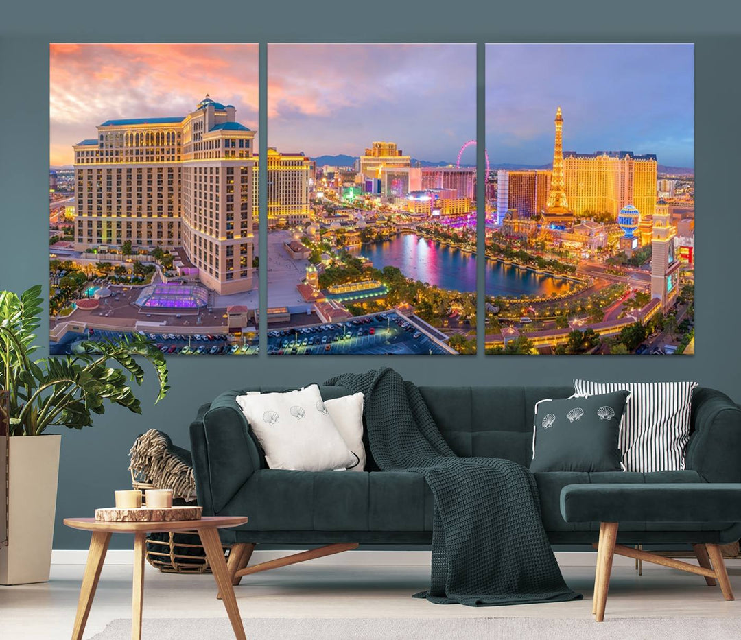 The gallery-wrapped triptych of the Las Vegas Wall Art Canvas Print, depicting the colorful skyline at sunset, adds a vibrant touch to the room. This artwork is crafted on museum-quality canvas and features a UV-protective coating for lasting durability.