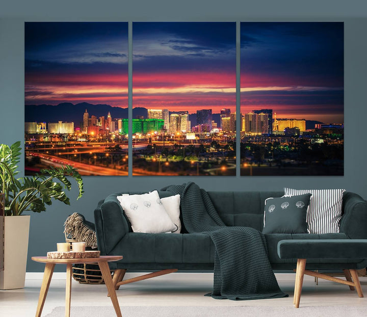 The living room is adorned with the Las Vegas Wall Art Canvas Print, a triptych showcasing a cityscape at sunset. This piece is crafted on museum-quality canvas and protected by a UV-coated finish, highlighting the craftsmanship of a skilled professional.