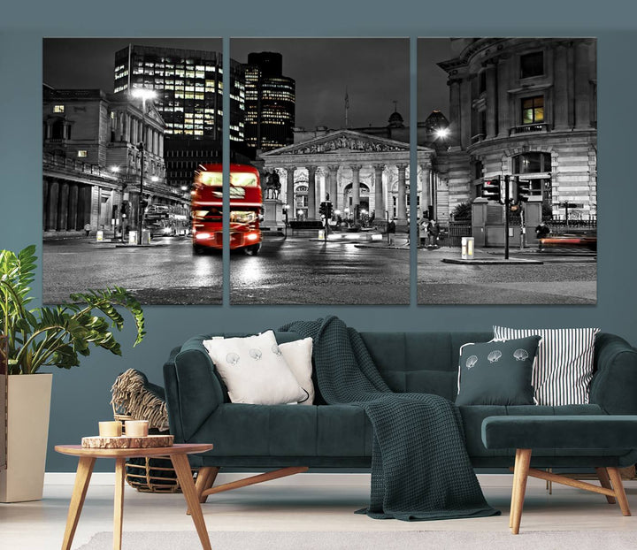 The London Night Red Bus Wall Art Canvas Print features a black and white cityscape with a moving red double-decker bus, crafted on museum-quality canvas with a UV-protective coating. This ready-to-hang artwork is designed to stand out and enhance any space.