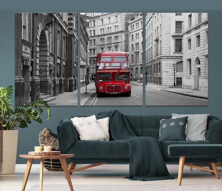 The living room features museum-quality London Red Bus Wall Art, showcasing a split canvas print of a red bus on a black and white city street. This artwork is ready to hang and includes a UV-protective coating to ensure long-lasting vibrance.