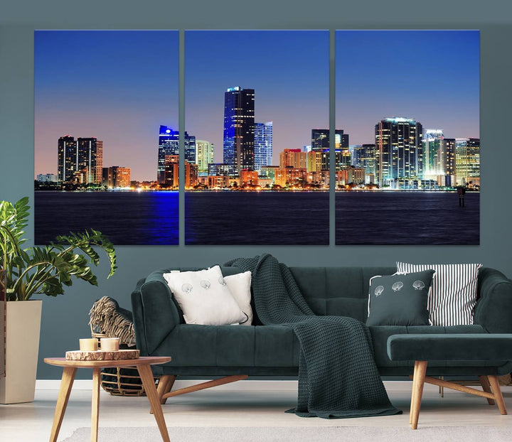 Miami City wall art canvas print showcasing a city skyline at dusk. Crafted on museum-quality canvas and designed to be ready to hang, it offers effortless elegance for your interior decor.