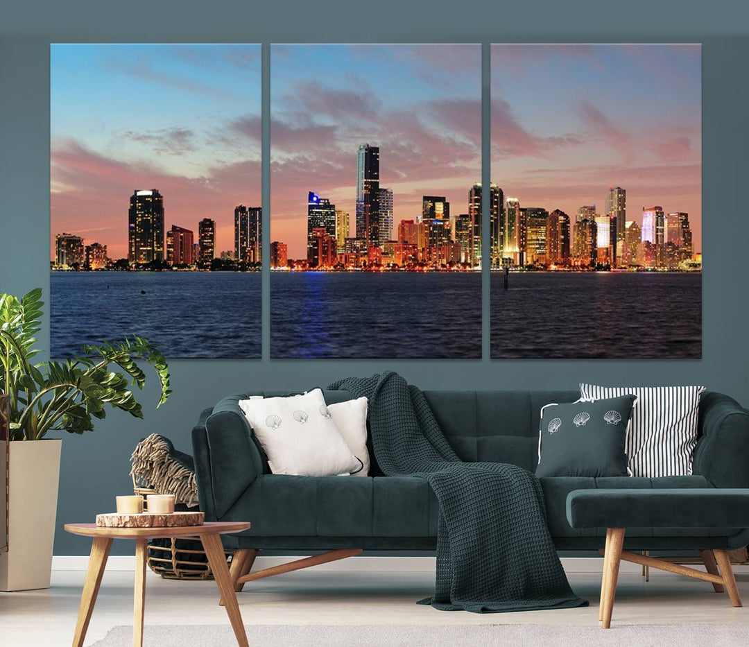 The Wall Art MIAMI Canvas Print emphasizes a vibrant cityscape at sunset. This artwork is presented on museum-quality canvas with gallery-wrapped edges, ensuring it stands out while maintaining its pristine condition for years to come.