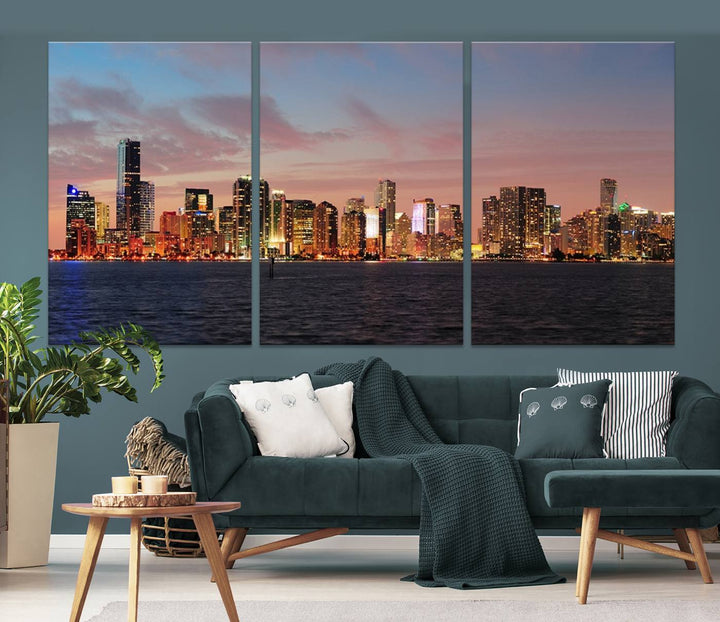 The living room features a gallery-wrapped triptych of the Miami City Wall Art Canvas Print above the sofa.