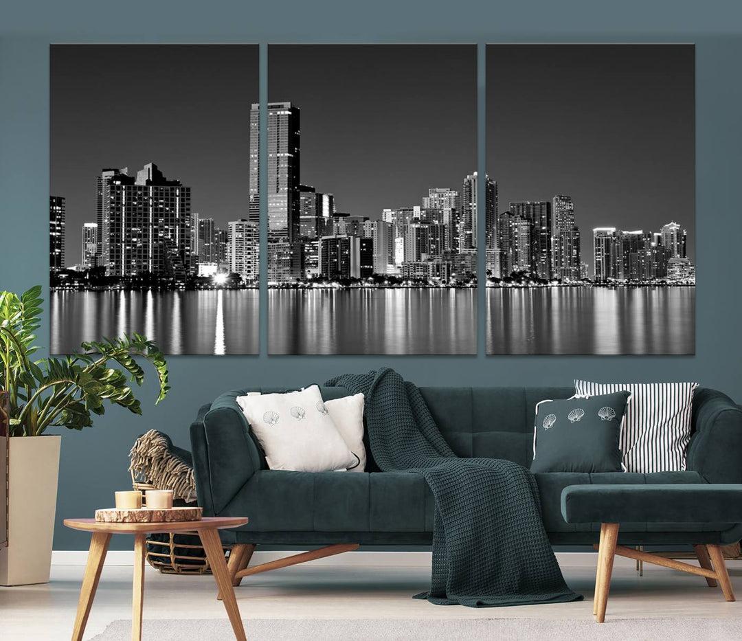 The Miami City Wall Art Canvas Print, a stunning triptych of the Miami skyline, elegantly hangs in this modern living room.