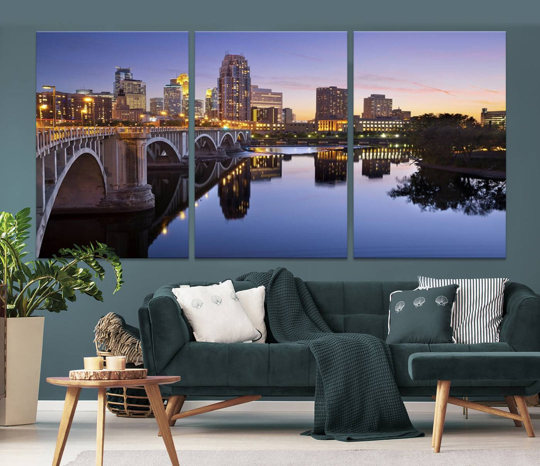 Display the Minneapolis Wall Art Canvas Print, featuring the Minnesota cityscape at dusk, on gallery-wrapped, museum-quality canvas.