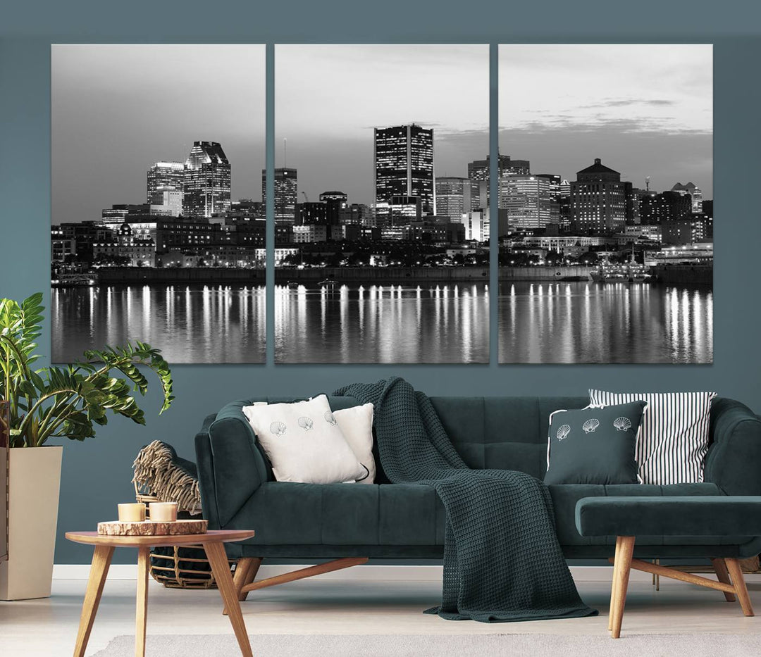 The "Montreal Canada City Wall Art," a black and white triptych of a city skyline at night, elegantly captures the reflections in water.