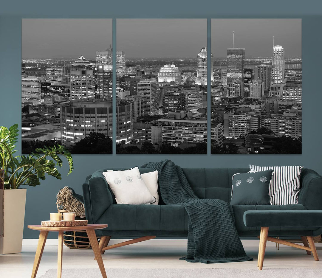 The gallery-wrapped, museum-quality canvas print features the Montreal Canada City Wall Art, showcasing a cityscape at night in black and white.