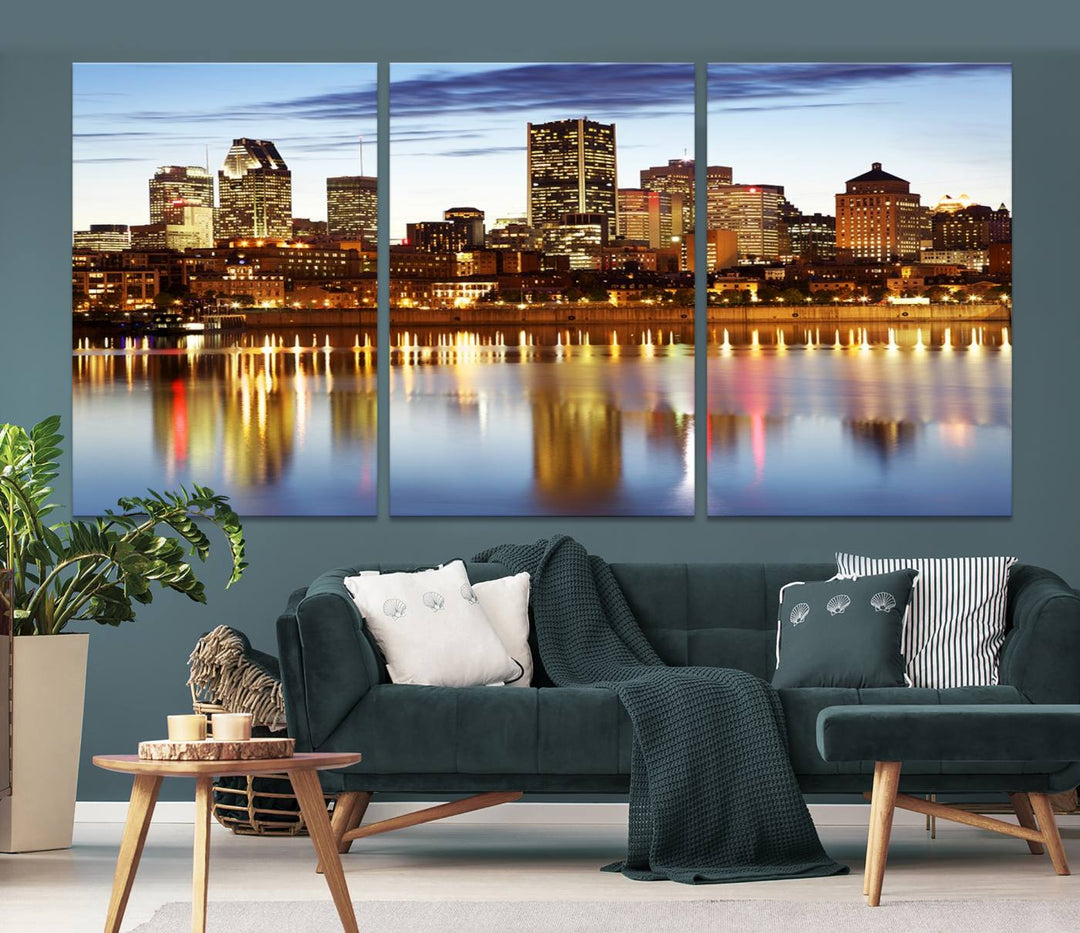 A Montreal Canada City Wall Art Canvas Print, depicting the cityscape at dusk and reflecting in calm waters, is crafted with museum-quality canvases and a UV-protective coating. This remarkable piece guarantees vibrant colors that remain stunning and ready to hang for years to come.