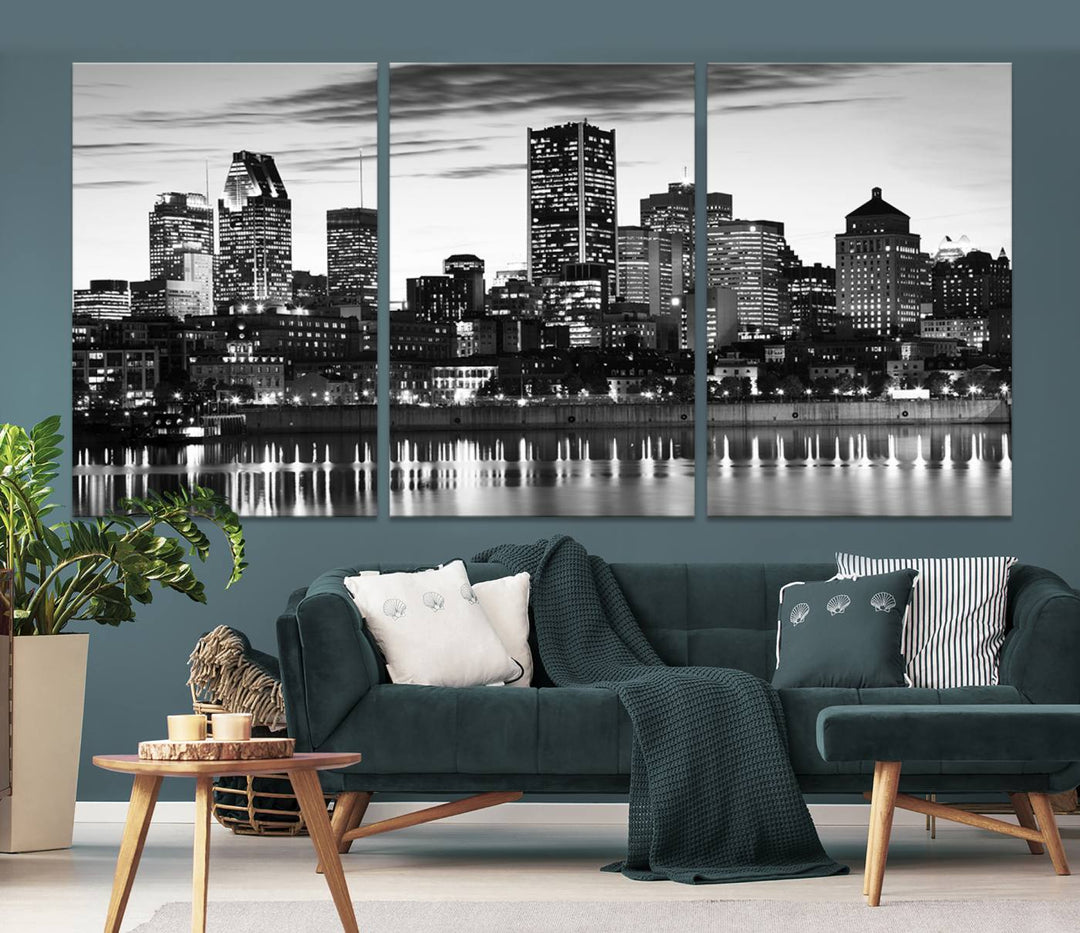 The contemporary living room features the Montreal Canada City Wall Art Canvas Print, an elegantly gallery-wrapped triptych on museum-quality canvas, prominently hung above.