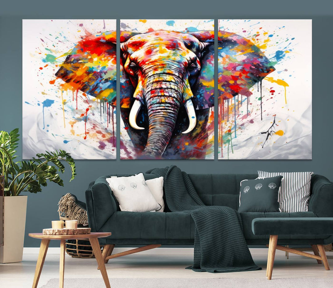 Impresión en lienzo de arte abstracto de pared de elefante de acuarela para decoración moderna del hogar, oficina, sala de estar y comedor