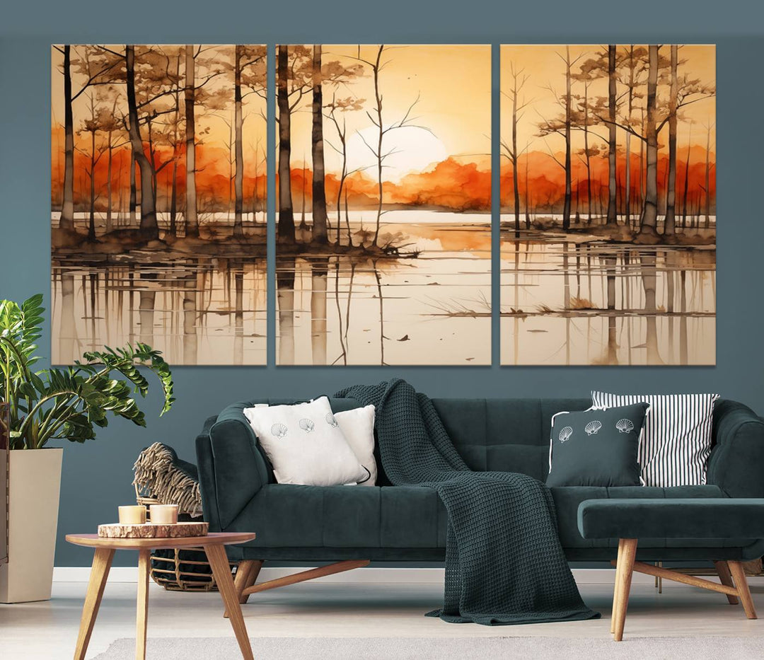 An Abstract Watercolor Trees and Sunset on Lake Wall Art Canvas Print, created on museum-quality canvas.