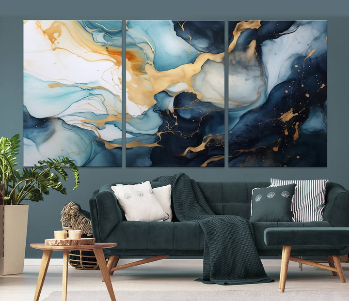 The living room is enhanced by the Marble Fluid Abstract Wall Art Canvas Print, which adds a touch of sophistication.