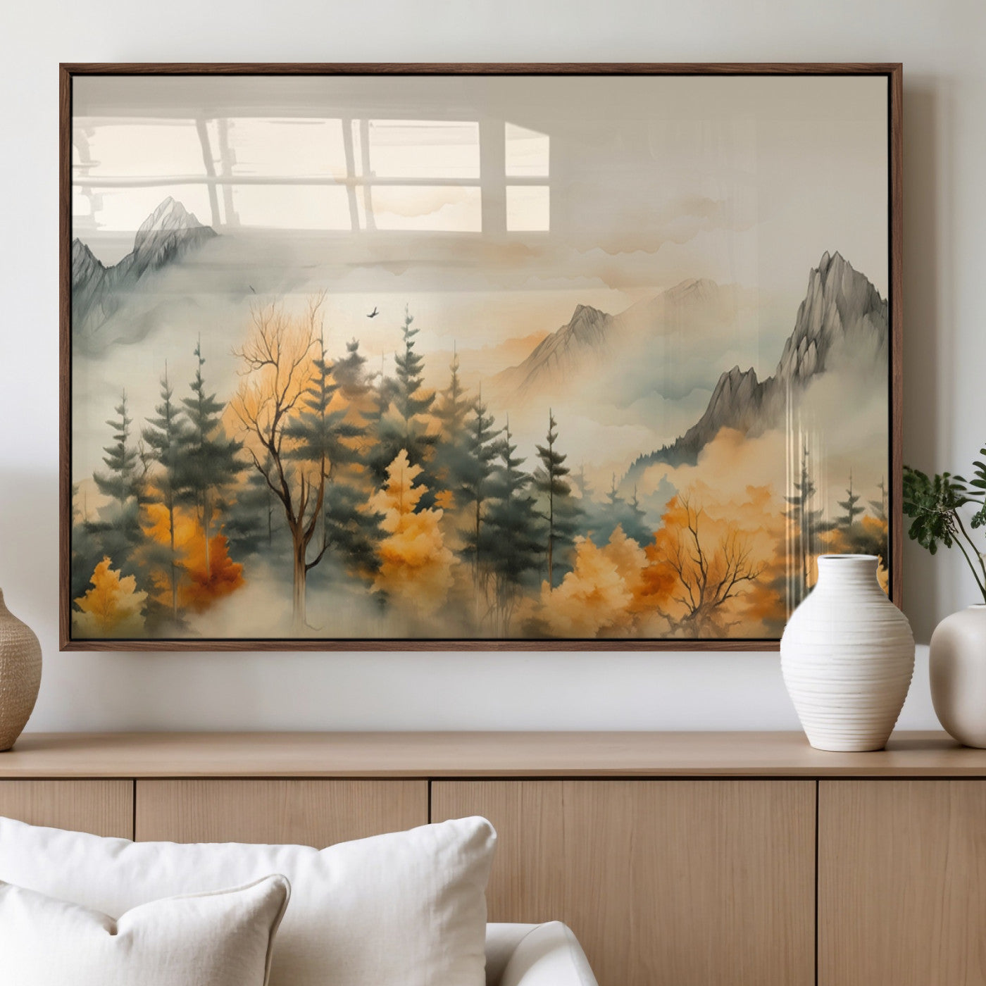 MGV-FP-36X24-3P - Abstract Watercolor Mountains and Trees Autumn Art, Watercolor Mountains and Trees Canvas Print