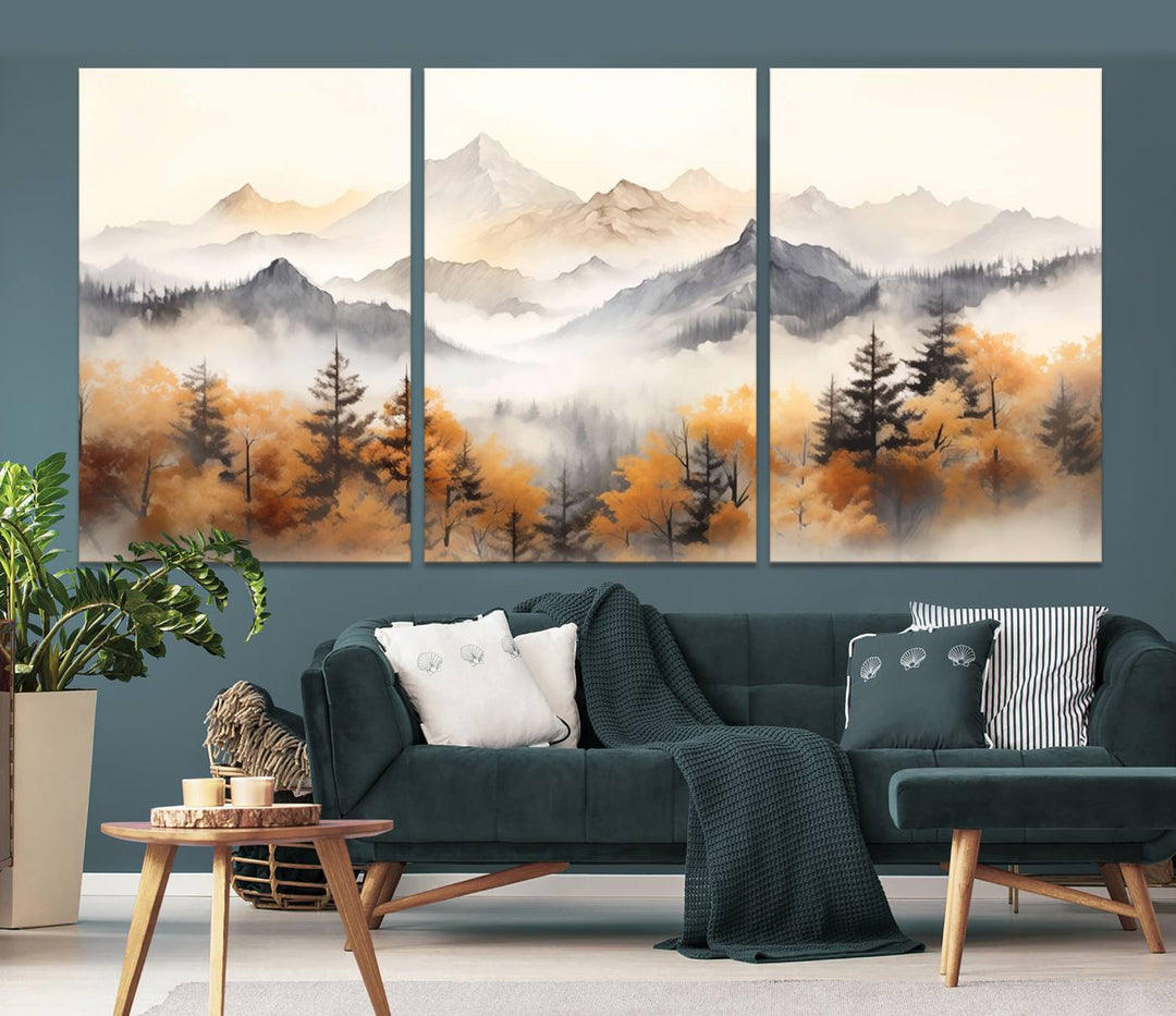 Impresión en lienzo de arte de pared minimalista de otoño de montañas y árboles de acuarela abstracta para decoración moderna del hogar, oficina, sala de estar y comedor