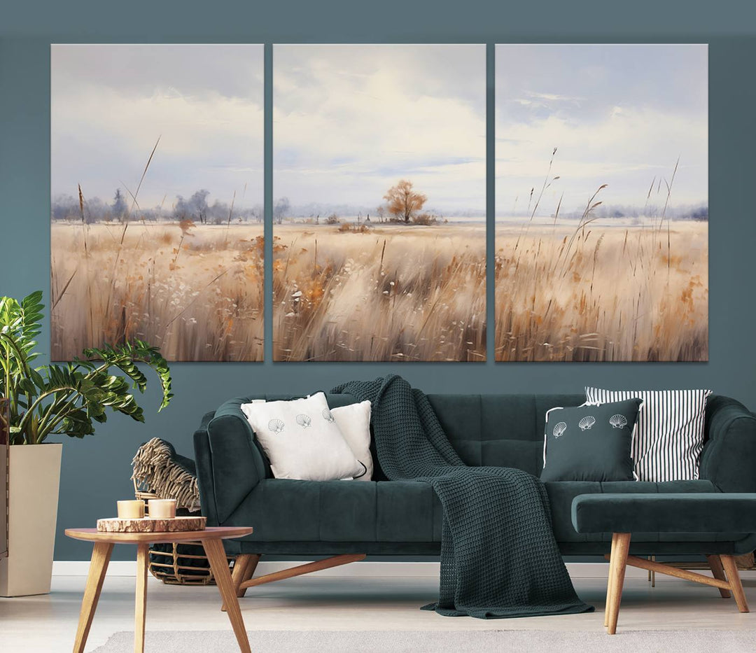 The modern living room features the Golden Fields Canvas Wall Art Print – Serene Landscape of Nature’s Tranquility in Minimalist for Farmhouse Decor, showcasing serene golden fields that enhance the calming ambiance.