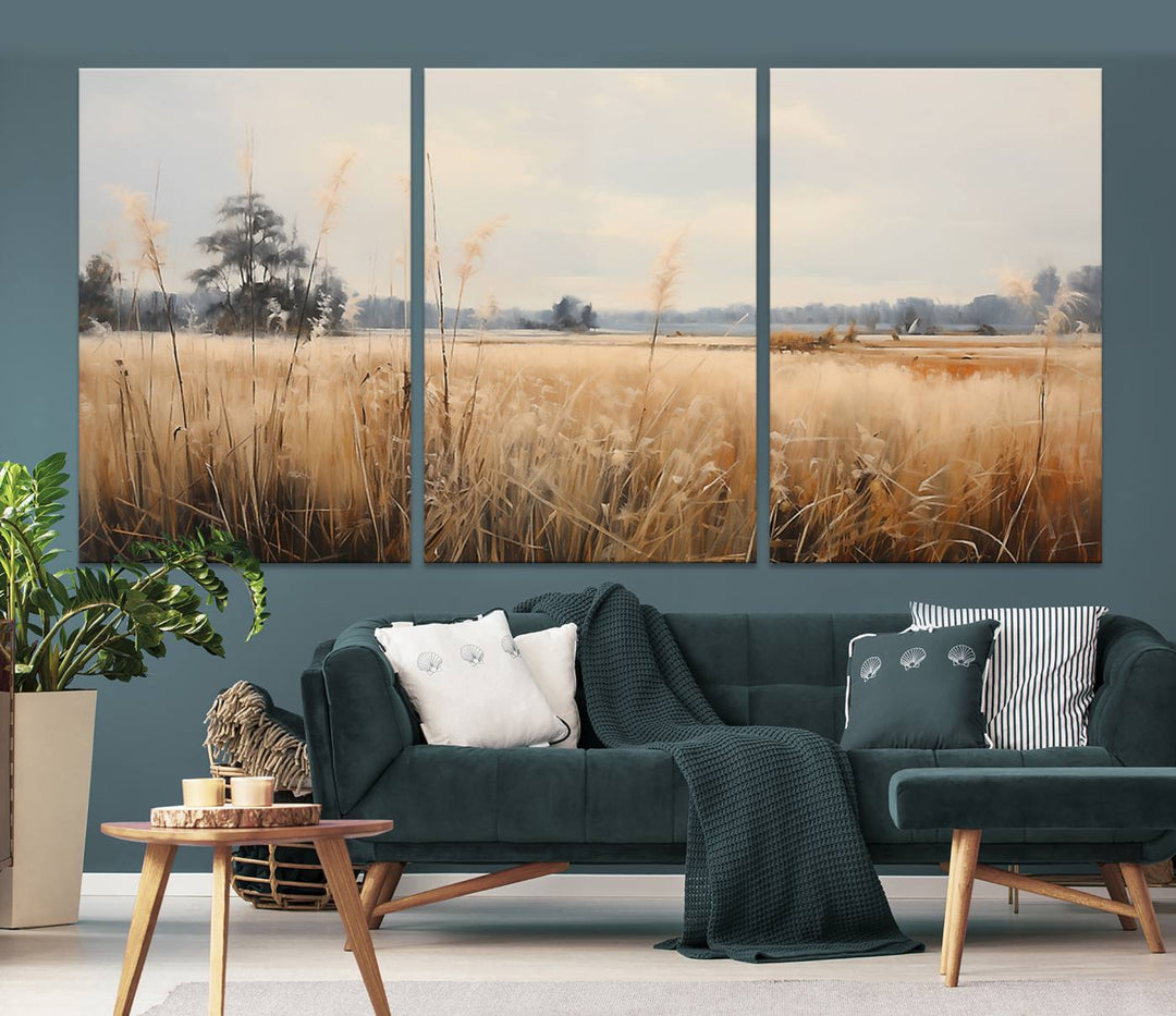 A Wildflower Field Landscape Oil Painting, showcasing a vintage art print of a serene field with tall grasses and distant trees, is beautifully presented on museum-quality canvases with gallery-wrapped edges.