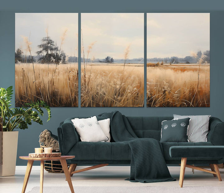 A Wildflower Field Landscape Oil Painting, showcasing a vintage art print of a serene field with tall grasses and distant trees, is beautifully presented on museum-quality canvases with gallery-wrapped edges.