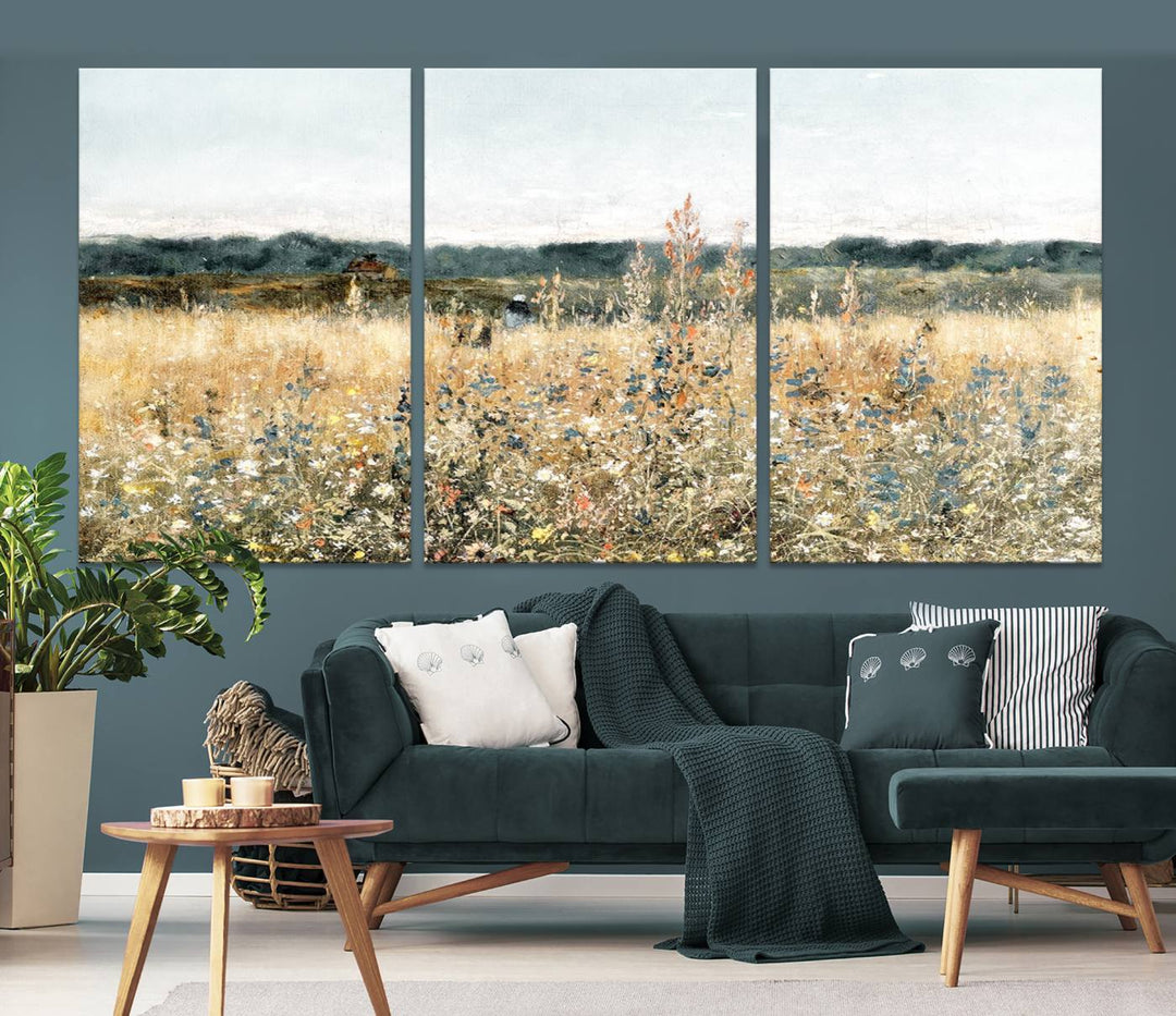 The "Wildflower Field Wall Art Canvas" brings rustic charm to the room with its nature-inspired landscape print, making it a perfect addition to the living room or office.