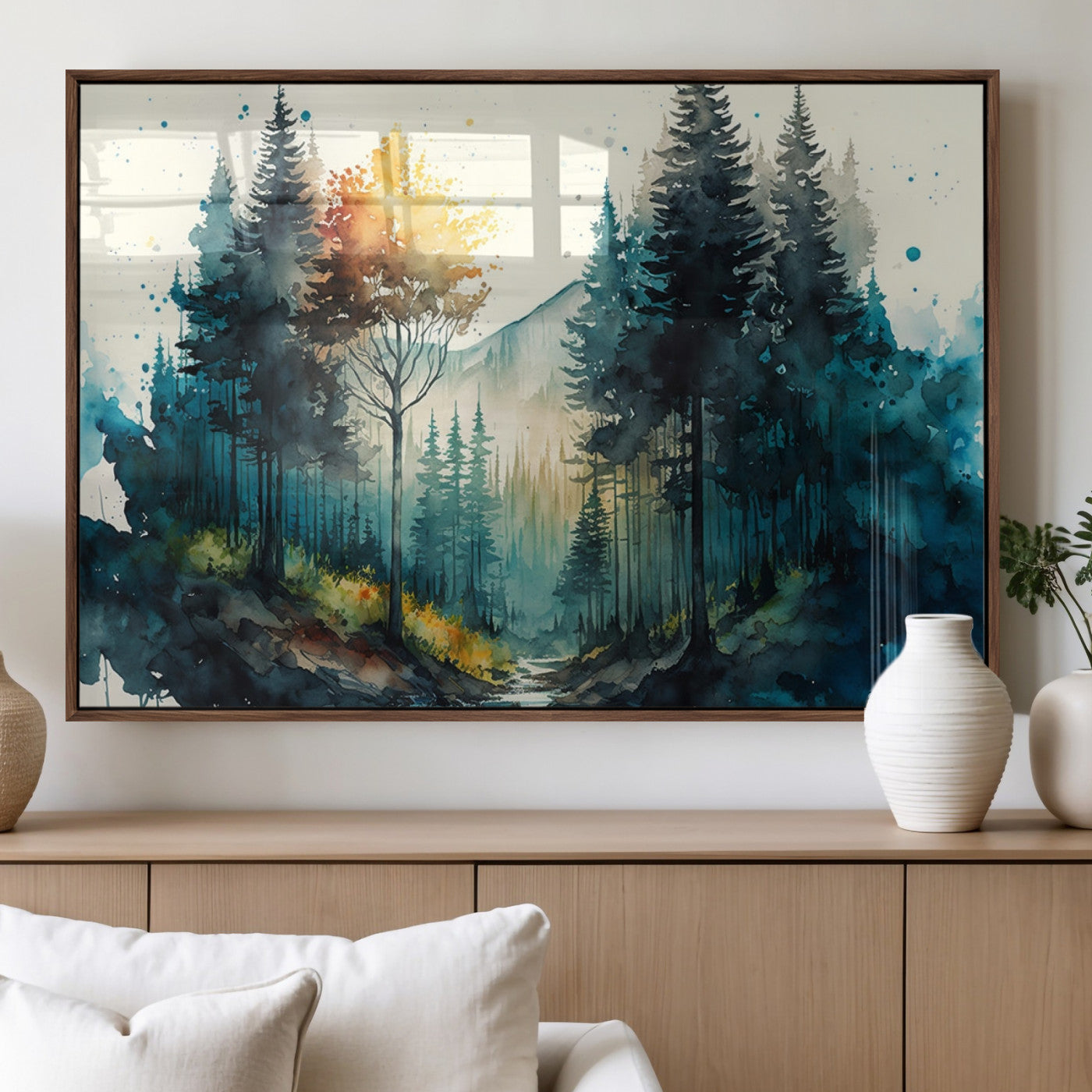 96186-MGV-FP-36X24-3P_Walnut-Watercolor Trees Forest Abstract Wall Art Canvas Print, Framed Watercolor Trees Wall Art