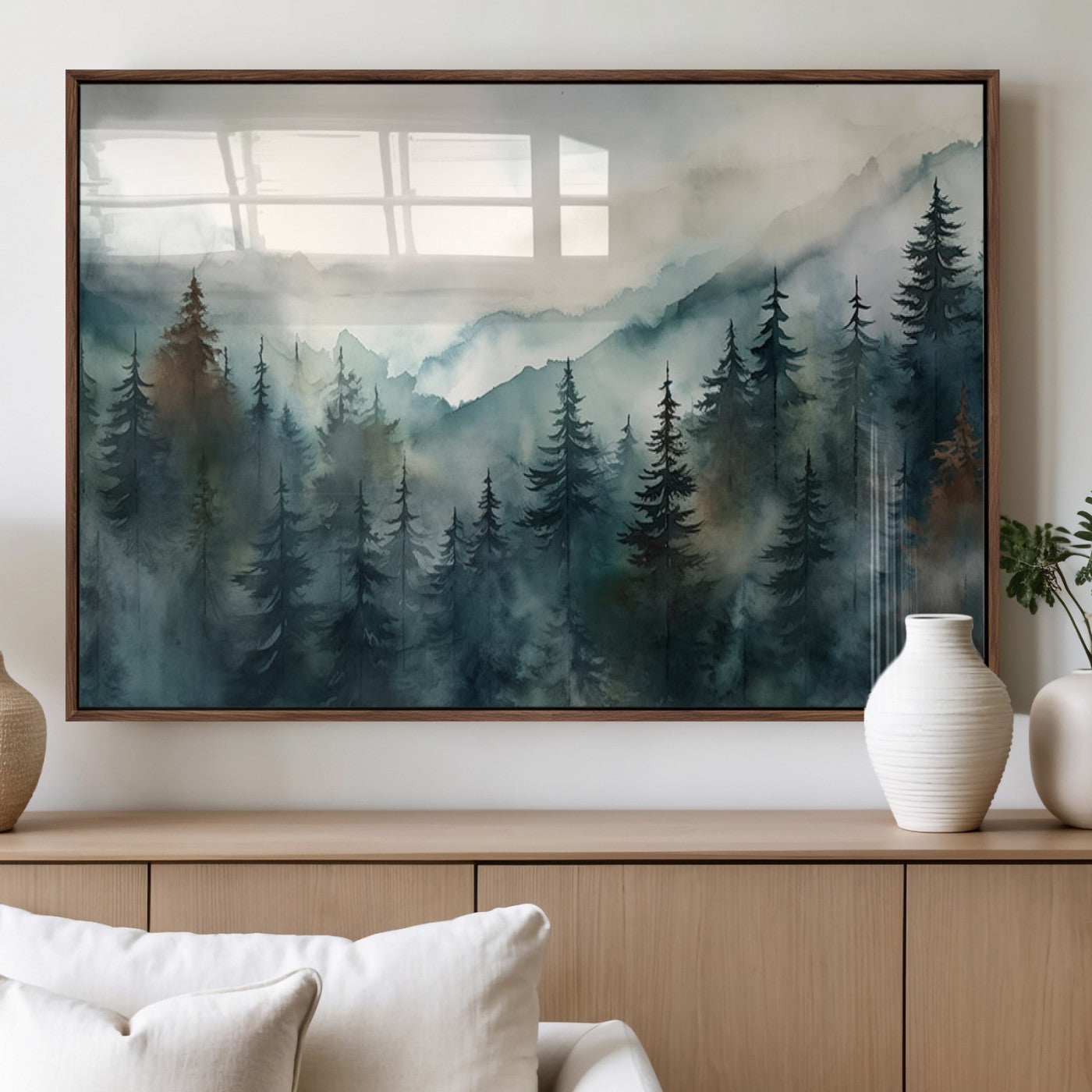 48468-MGV-FP-60X30-3P_Walnut-Serenity Forest Wall Art Canvas | Foggy Mountain Landscape Canvas Print for Living Room or Office | Nature-Inspired Woodland Decor