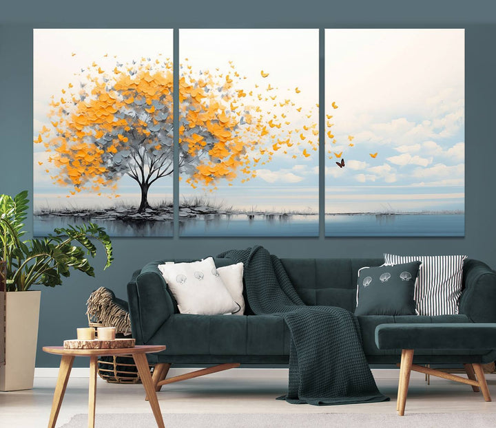 A Butterfly Tree Wall Art Canvas, featuring a modern tree adorned with yellow butterflies, decorates the wall.