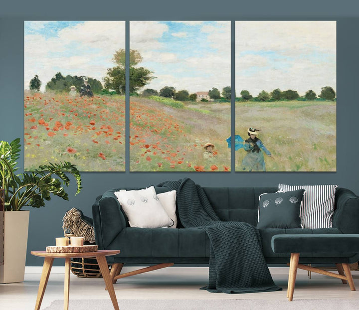 The Claude Monet The Poppy Field Canvas Print features a scene of a serene meadow with blooming flowers and a woman and child. It is printed on museum-quality canvas with UV-protective coating.