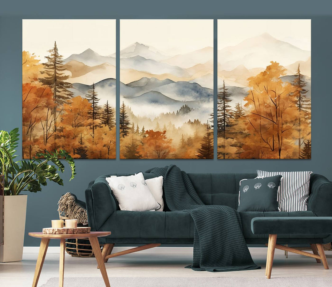 Abstract Mountain Mist Canvas Wall Art – Tranquil Autumn Forest and Misty Peaks - Ready to Hang