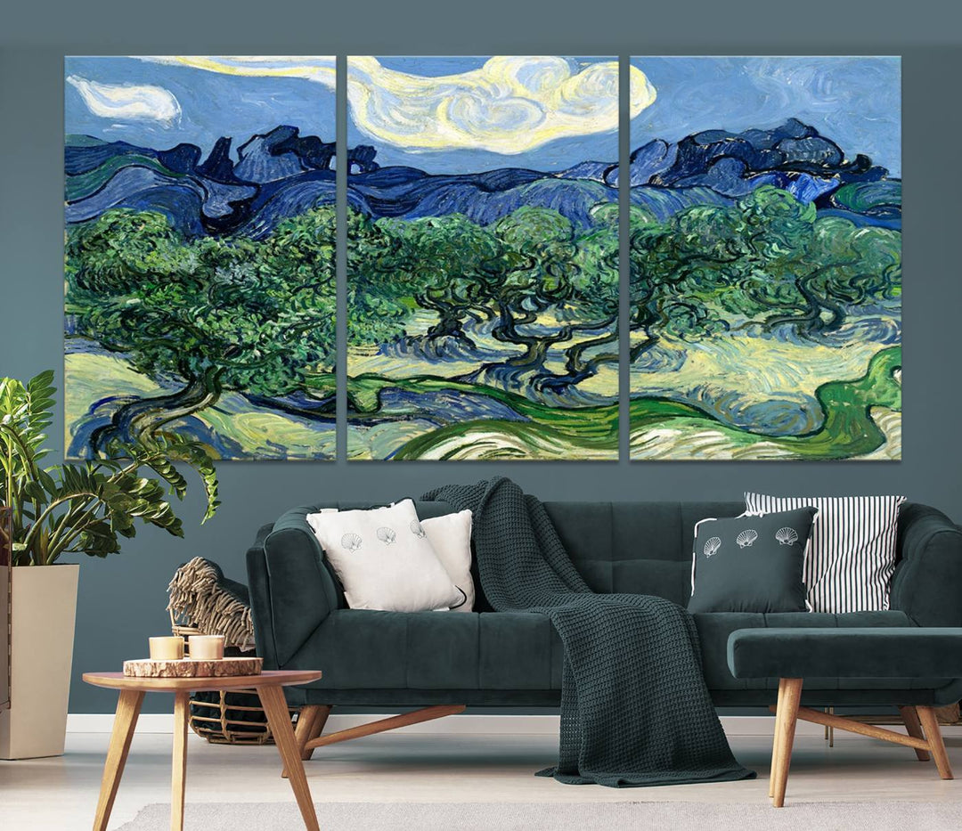 The Olive Trees Van Gogh Wall Art Canvas Print enhances the living room with its vivid landscape on museum-quality canvas, complete with a UV-protective coating.