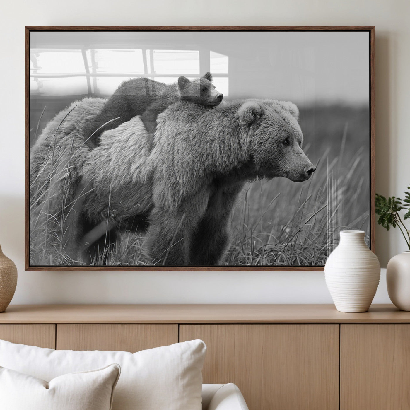 76338-MGV-FP-36X24-3P_Walnut-Bear and Cub Wall Art Canvas | 399 Bear Cub Wildlife-Inspired Animal Art for Living Room or Office |