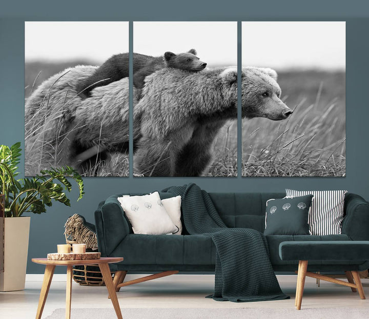 Baby Bear and Mom Bear Family Black & White Canvas Print Wall Art Canvas