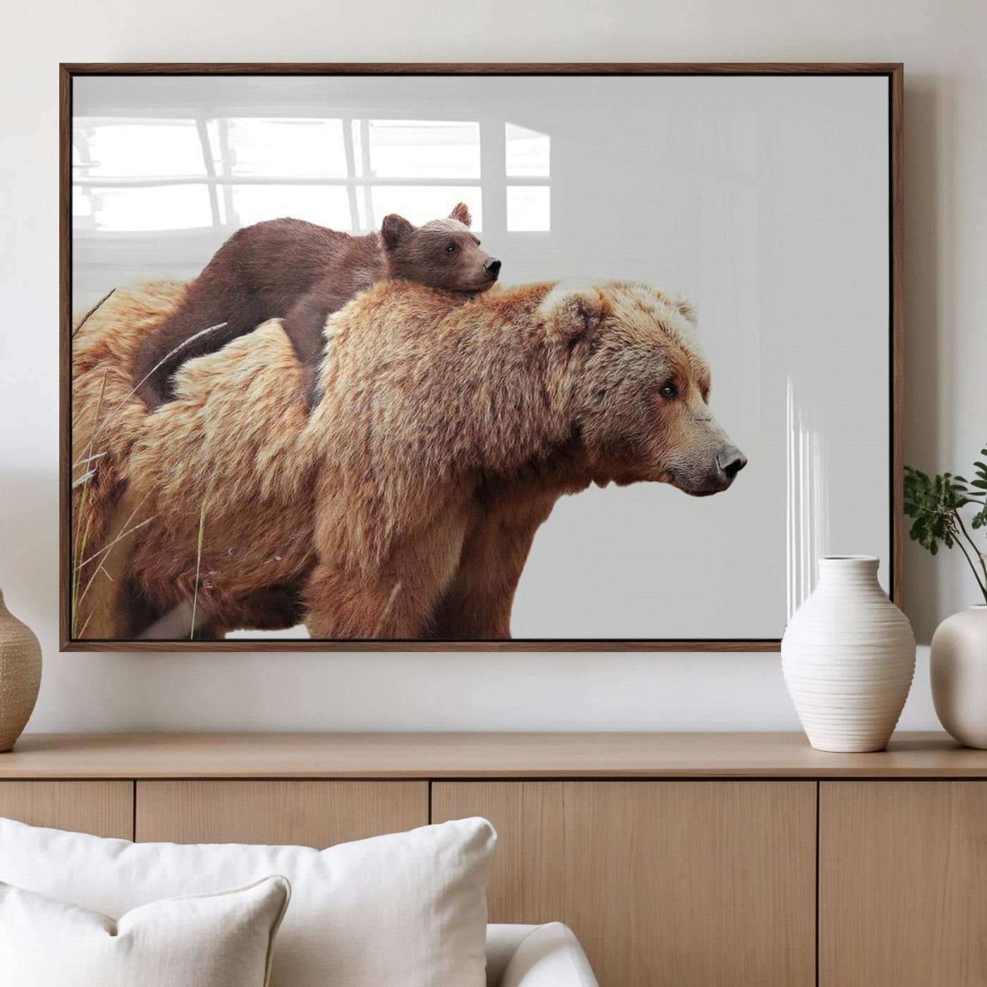 76943-MGV-FP-36X24-3P_Walnut-Mother and Baby Bear Canvas Wall Art - Adorable Wildlife Animal Print, Cozy Rustic Decor for Living