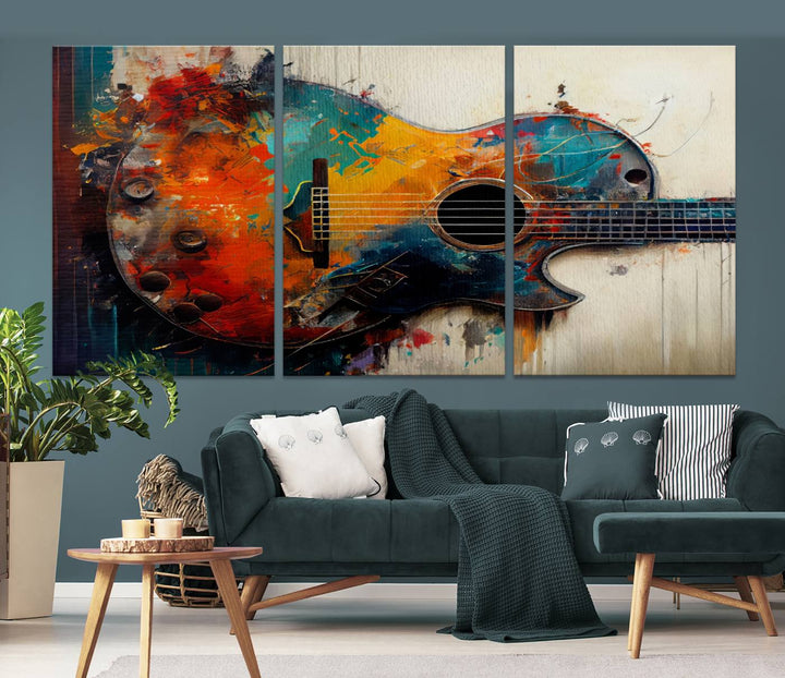 Abstract Guitar Wall Art Canvas | Vibrant Music-Inspired Art for Living Room or Studio | Colorful Music Decor Canvas Print