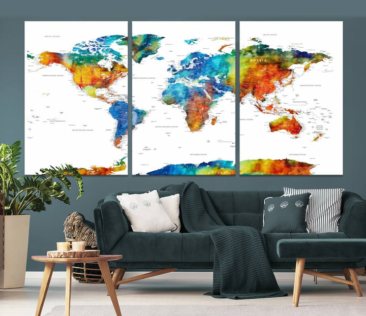 Mixcolor World Map Wall Art Canvas Print, showcasing vibrant colors and a gallery-quality finish.