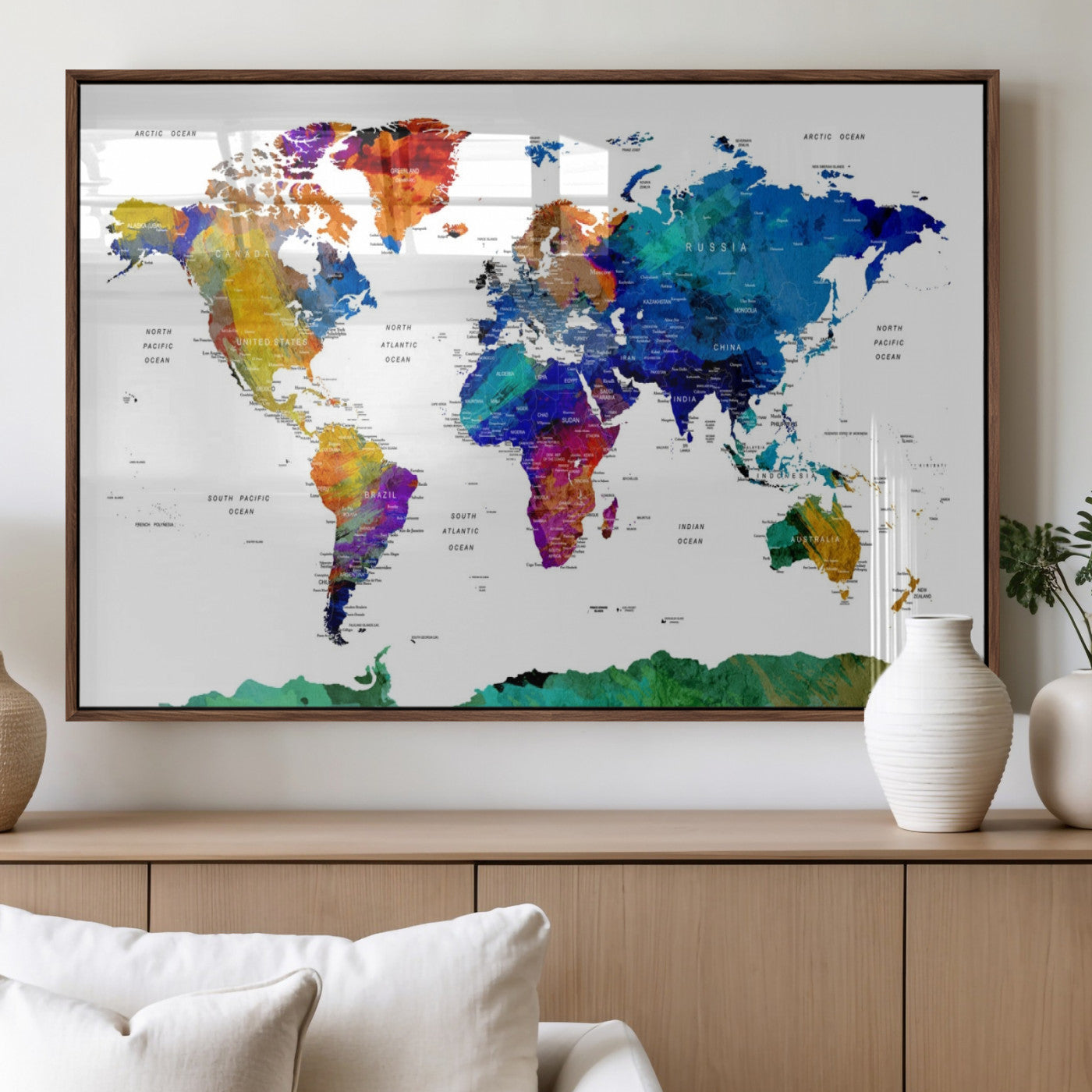 48979-MGV-FP-36X24-3P_Walnut-Push Pin World Map Canvas Print – Framed Wall Art for Couples to Track Their Travels – Anniversary